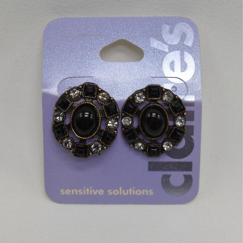 Vintage Claire's Black Gem Stud Statement Earrings Grunge Goth Glam Y2K Retro